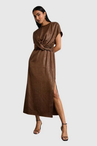 Warehouse Leather Look Twist Front Midi Dress In Brown