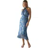 Warehouse Metallic Chiffon Wrap Front Midi Dress In Blue