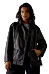 Warehouse Oversized Whipstitch Leather Look Jacket In Black