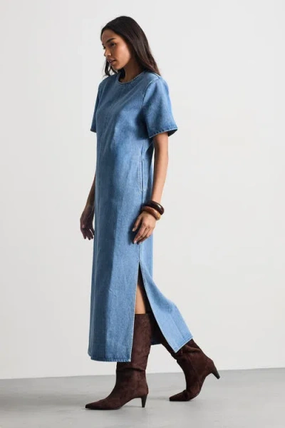 Warehouse Petite Denim Side Split Midi Dress In Blue