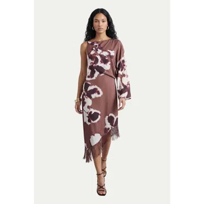 Warehouse Petite One Shoulder Satin Midi Dress In Brown