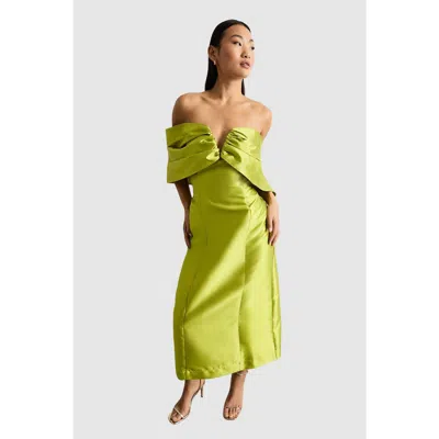 Warehouse Petite Satin Twill Bardot Midi Dress In Green