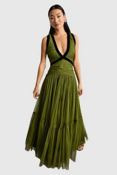 Warehouse Petite Velvet Trim Tulle Maxi Dress In Green