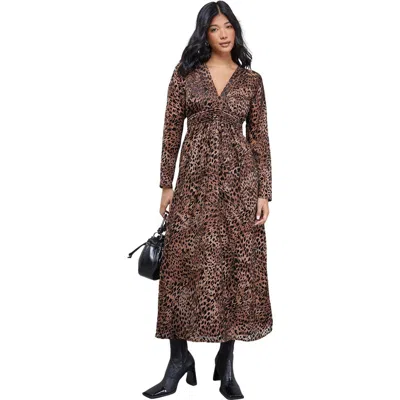 Warehouse Plunge Neck Waisted Midi Dress In Brown