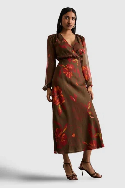 Warehouse Printed V Neck Tie Detail Midi Dress In Multi