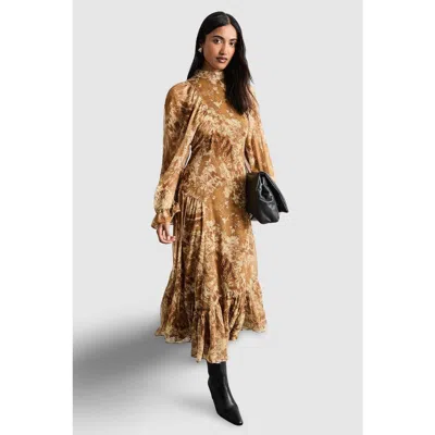 Warehouse Romantic Chiffon Sleeve Midaxi Dress In Gold