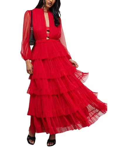 Warehouse Ruffle Neck Tulle Maxi Dress In Red