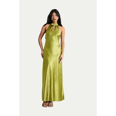 Warehouse Satin Tie Neck Cowl Maxi Dress In Green