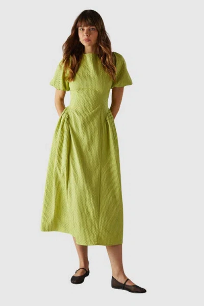 Warehouse Seersucker Puff Sleeve Midi Dress In Green