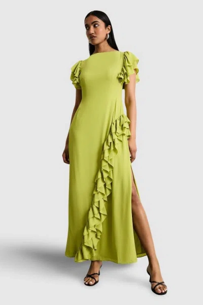 Warehouse Side Split Ruffle Detail Maxi Dress In Green