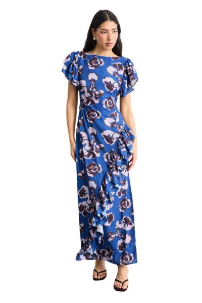 Warehouse Side Split Ruffle Detail Maxi Dress In Blue