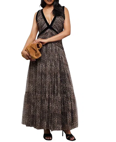 Warehouse Velvet Trim Leopard Tulle Maxi Dress In Multi