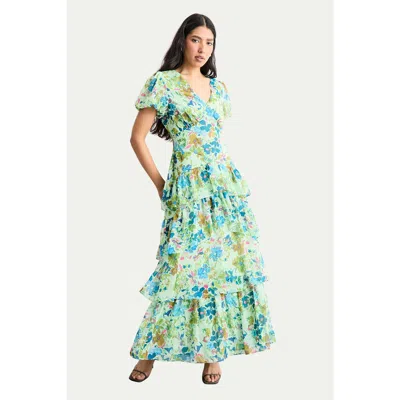 Warehouse Waist Puff Sleeve Tiered Midi Dress In Gray