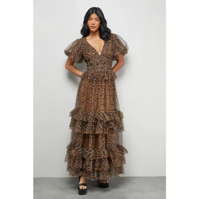 Warehouse Zebra Print Tulle Ruffle Maxi Dress In Brown