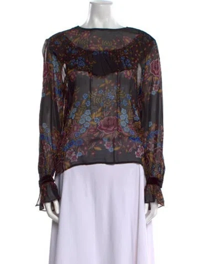 Pre-owned Warm Floral Print Bateau Neckline Blouse In Black