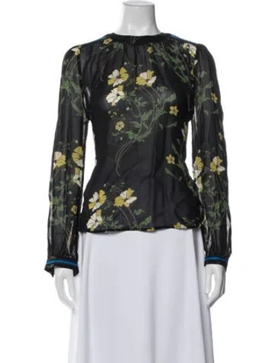 Pre-owned Warm Floral Print Crew Neck Blouse In Black
