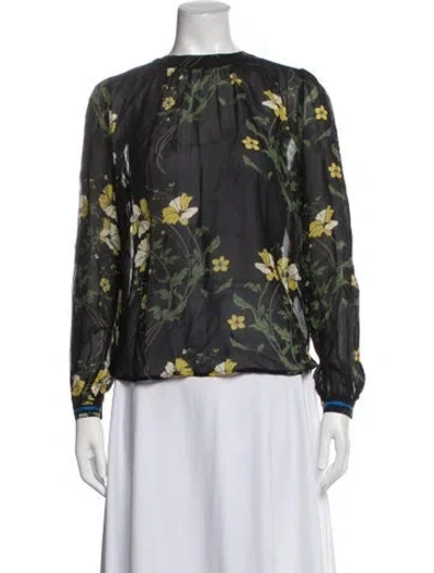 Pre-owned Warm Floral Print Crew Neck Blouse In Black