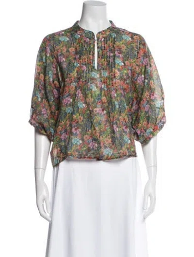 Pre-owned Warm Floral Print Crew Neck Blouse In Gray