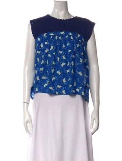 Pre-owned Warm Floral Print Crew Neck Top In Blue