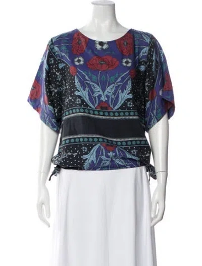 Pre-owned Warm Floral Print Crew Neck Top In Blue/white