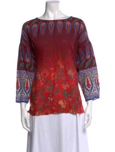 Pre-owned Warm Floral Print Crew Neck Top In Red