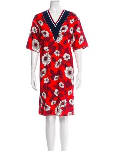 Pre-owned Warm Floral Print Knee-length Dress In Red
