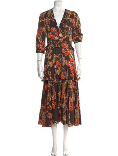 Pre-owned Warm Floral Print Long Dress In Black