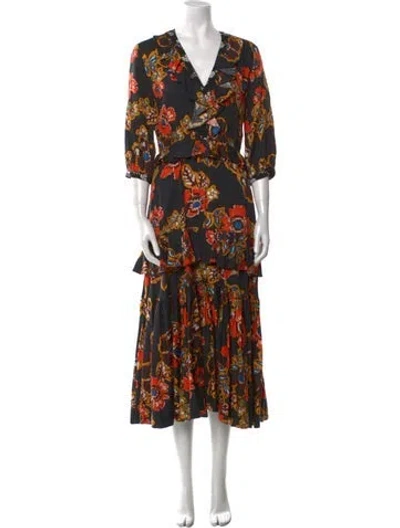 Pre-owned Warm Floral Print Long Dress In Black
