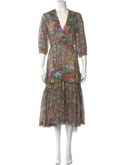 Pre-owned Warm Floral Print Long Dress In Blue