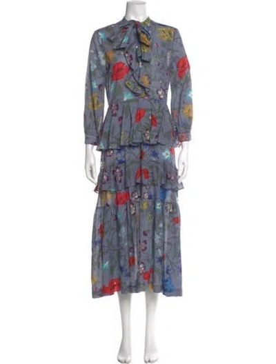 Pre-owned Warm Floral Print Long Dress In Blue