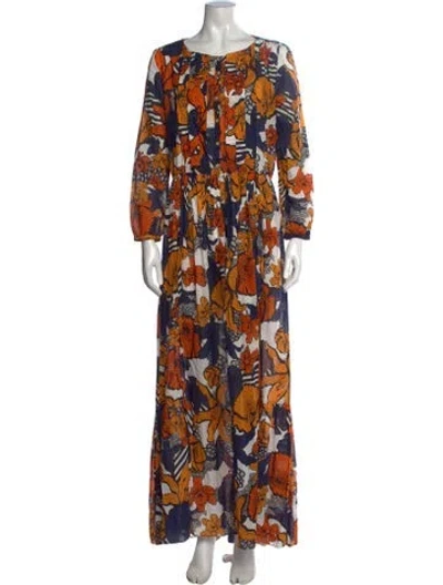 Pre-owned Warm Floral Print Long Dress In Blue