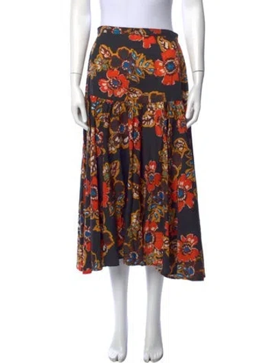 Pre-owned Warm Floral Print Long Skirt In Orange