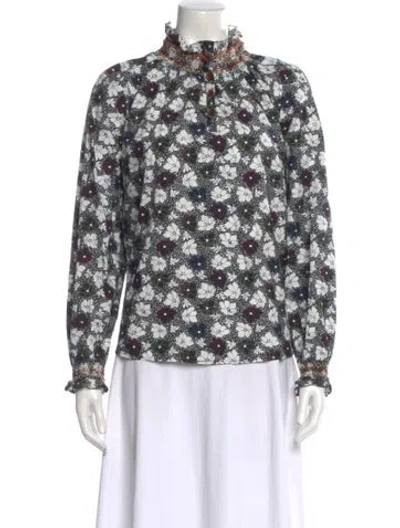 Pre-owned Warm Floral Print Long Sleeve Blouse In Black