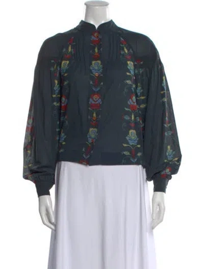 Pre-owned Warm Floral Print Long Sleeve Blouse In Blue