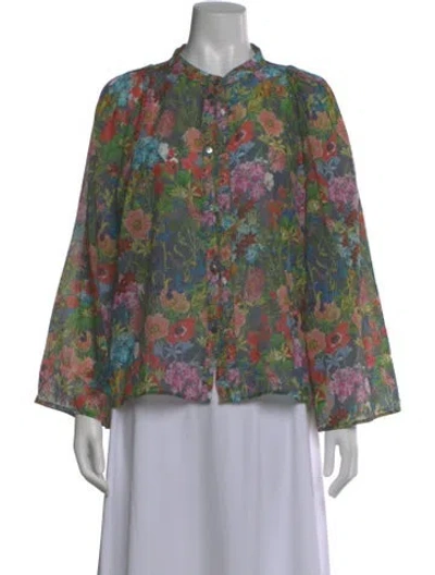 Pre-owned Warm Floral Print Long Sleeve Blouse In Gray
