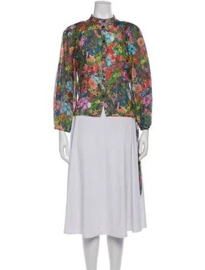 Pre-owned Warm Floral Print Long Sleeve Blouse In Green