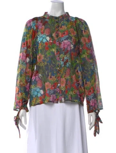 Pre-owned Warm Floral Print Long Sleeve Blouse W/ Tags In Blue