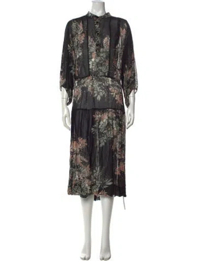 Pre-owned Warm Floral Print Midi Length Dress In Black