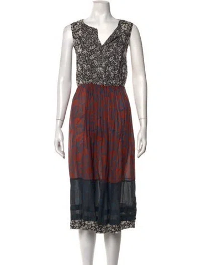 Pre-owned Warm Floral Print Midi Length Dress In Black/blue/red