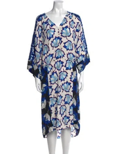 Pre-owned Warm Floral Print Midi Length Dress In Blue