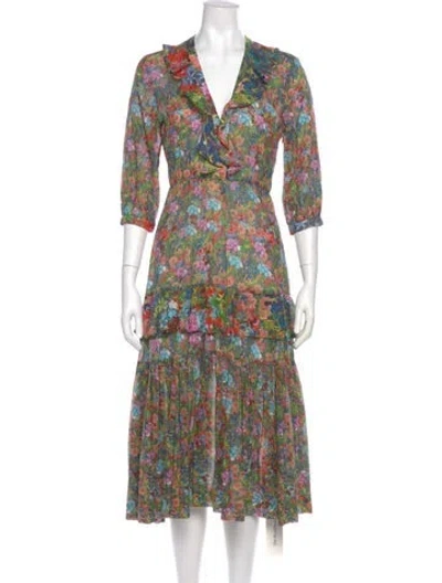 Pre-owned Warm Floral Print Midi Length Dress In Blue
