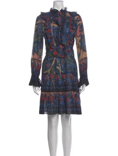 Pre-owned Warm Floral Print Midi Length Dress In Blue