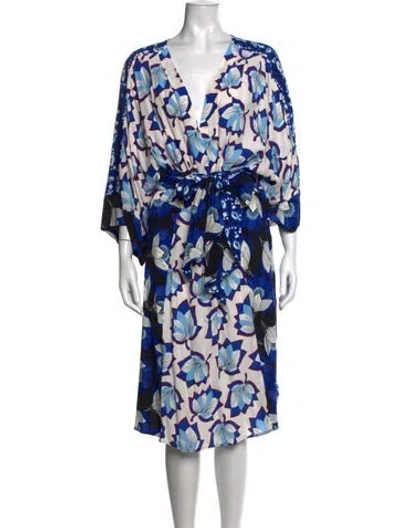 Pre-owned Warm Floral Print Midi Length Dress In Blue