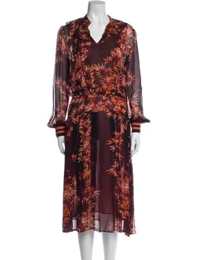 Pre-owned Warm Floral Print Midi Length Dress In Burgundy