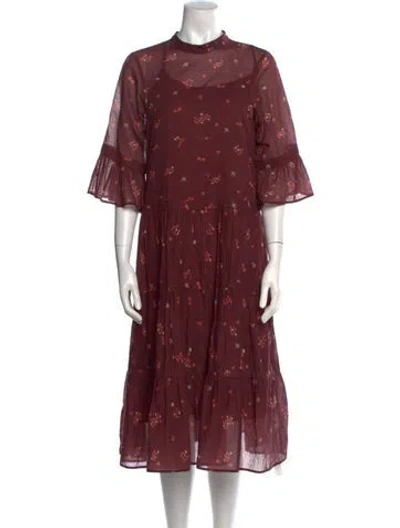 Pre-owned Warm Floral Print Midi Length Dress In Burgundy