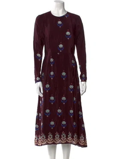 Pre-owned Warm Floral Print Midi Length Dress In Burgundy