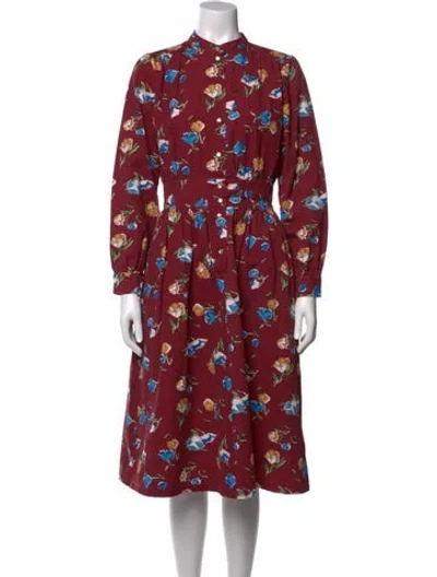 Pre-owned Warm Floral Print Midi Length Dress In Burgundy