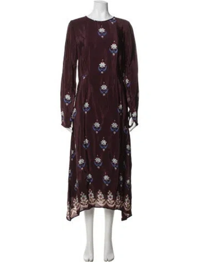 Pre-owned Warm Floral Print Midi Length Dress In Burgundy