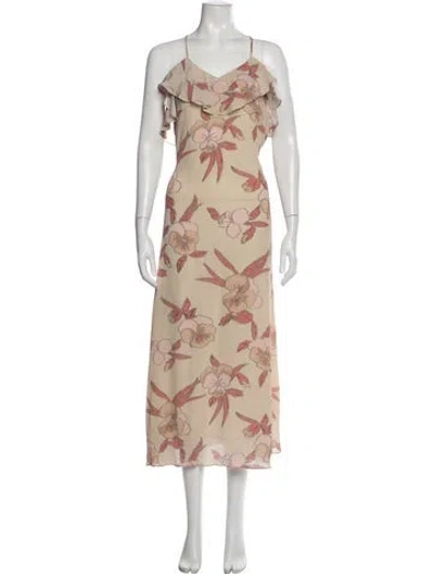 Pre-owned Warm Floral Print Midi Length Dress In Neutral