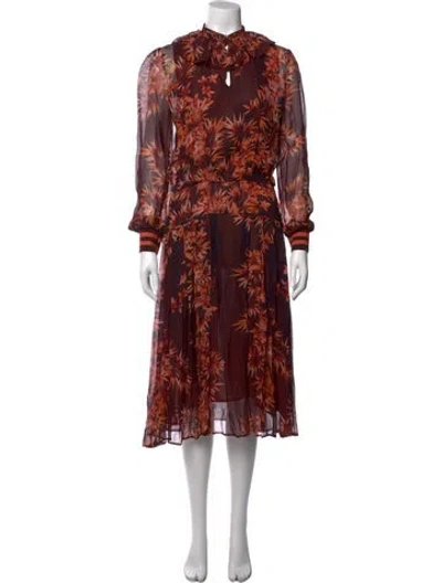 Pre-owned Warm Floral Print Midi Length Dress In Orange
